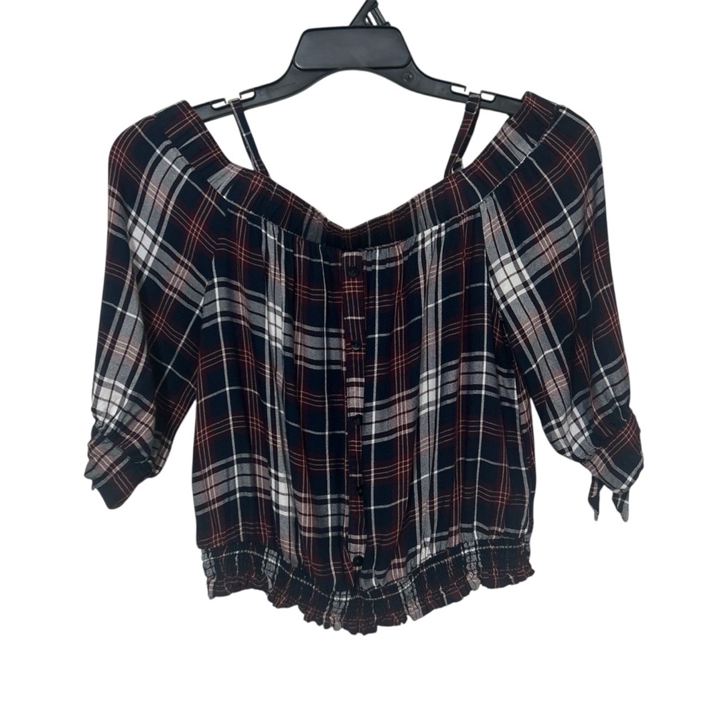 BCX Plaid Cold Shoulder Smocked Top Tie Sleeve Medium Grunge